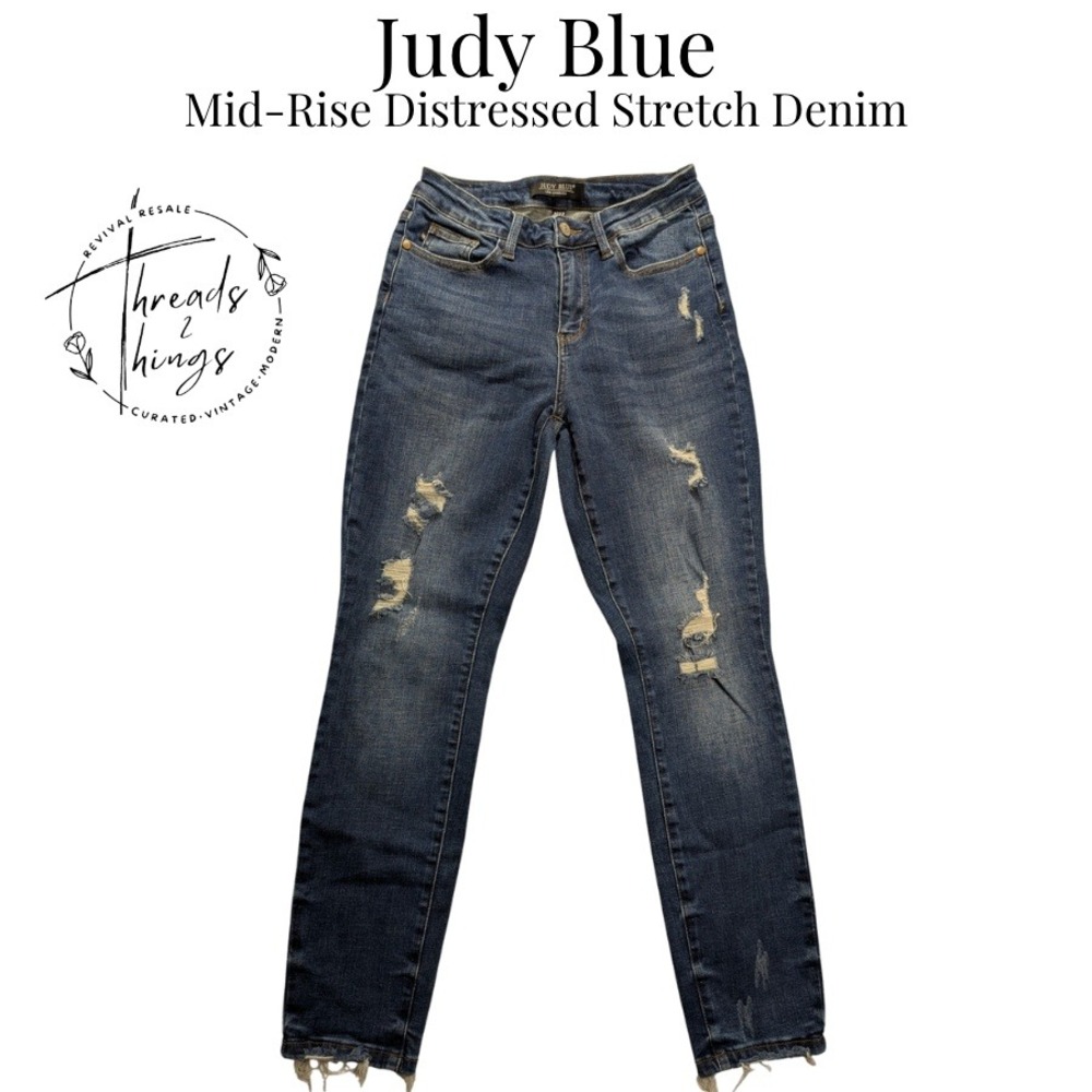 Judy Blue Distressed Skinny‎ Jeans Women 5 Blue Stretch Denim Ripped Frayed Hem